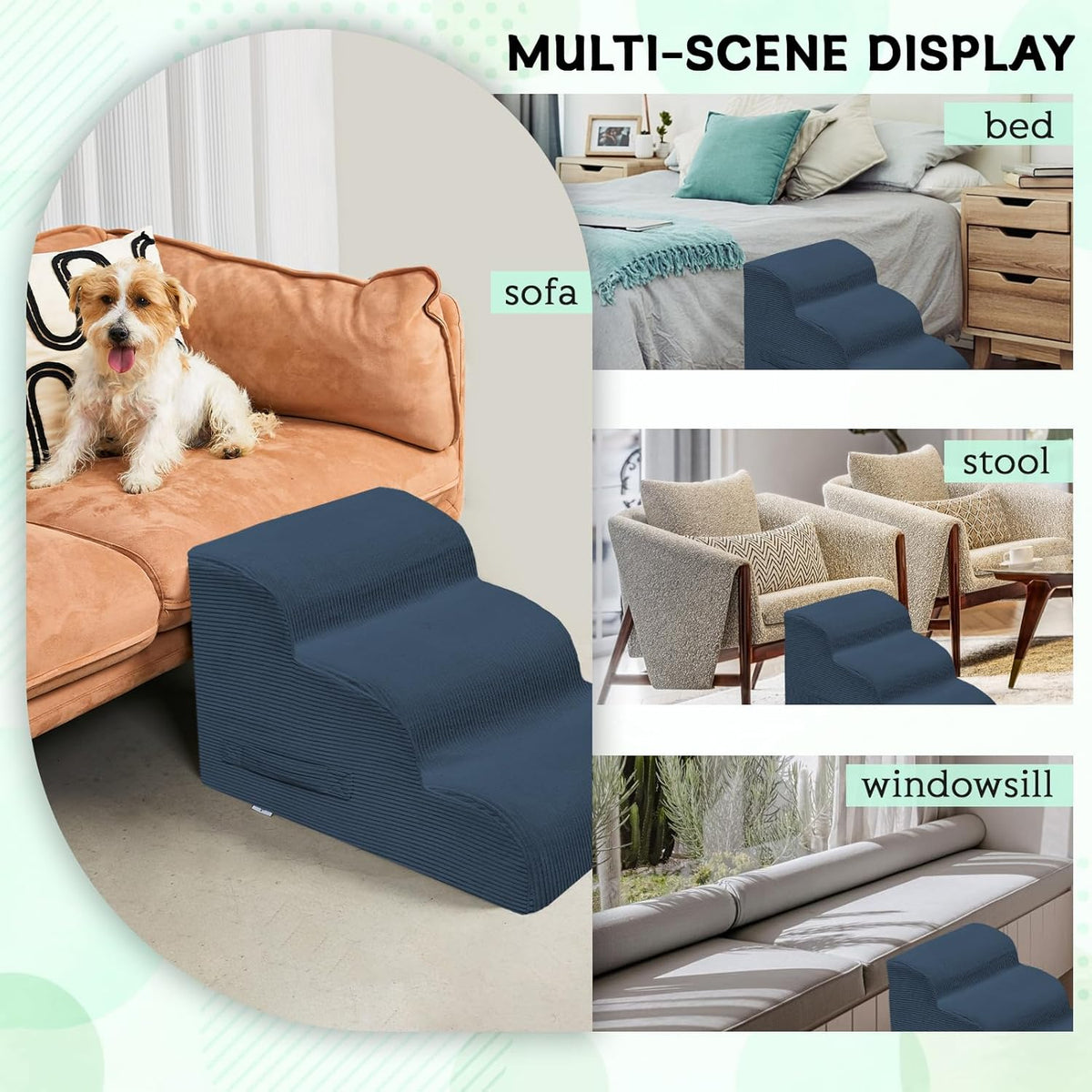 Dog Steps for Small Dogs, 3-Step Pet Ramp Stairs for High Beds and Sofa, Non-Slip Pet Stairs for