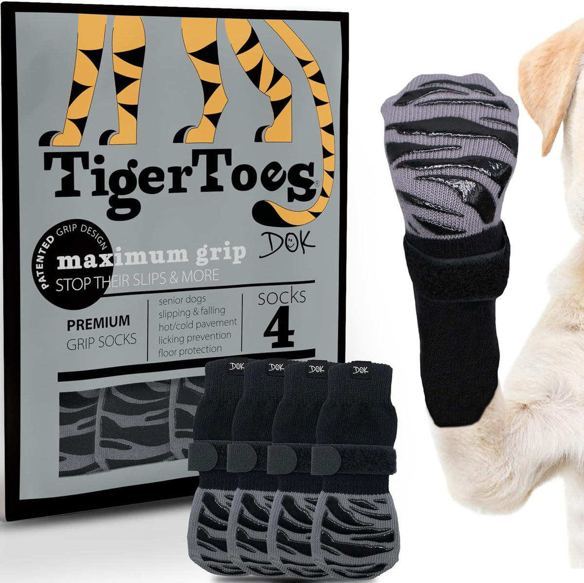 DOK TigerToes Premium Non-Slip Dog Socks for Hardwood Floors - Extra-Thick Grip That Works Even