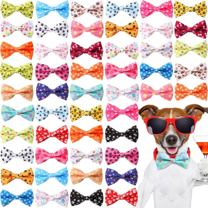 Hillban 50 Pieces Paw Print Dog Collar Bow Ties Colorful Paw Print Dog Collar Accessories Bow Ties