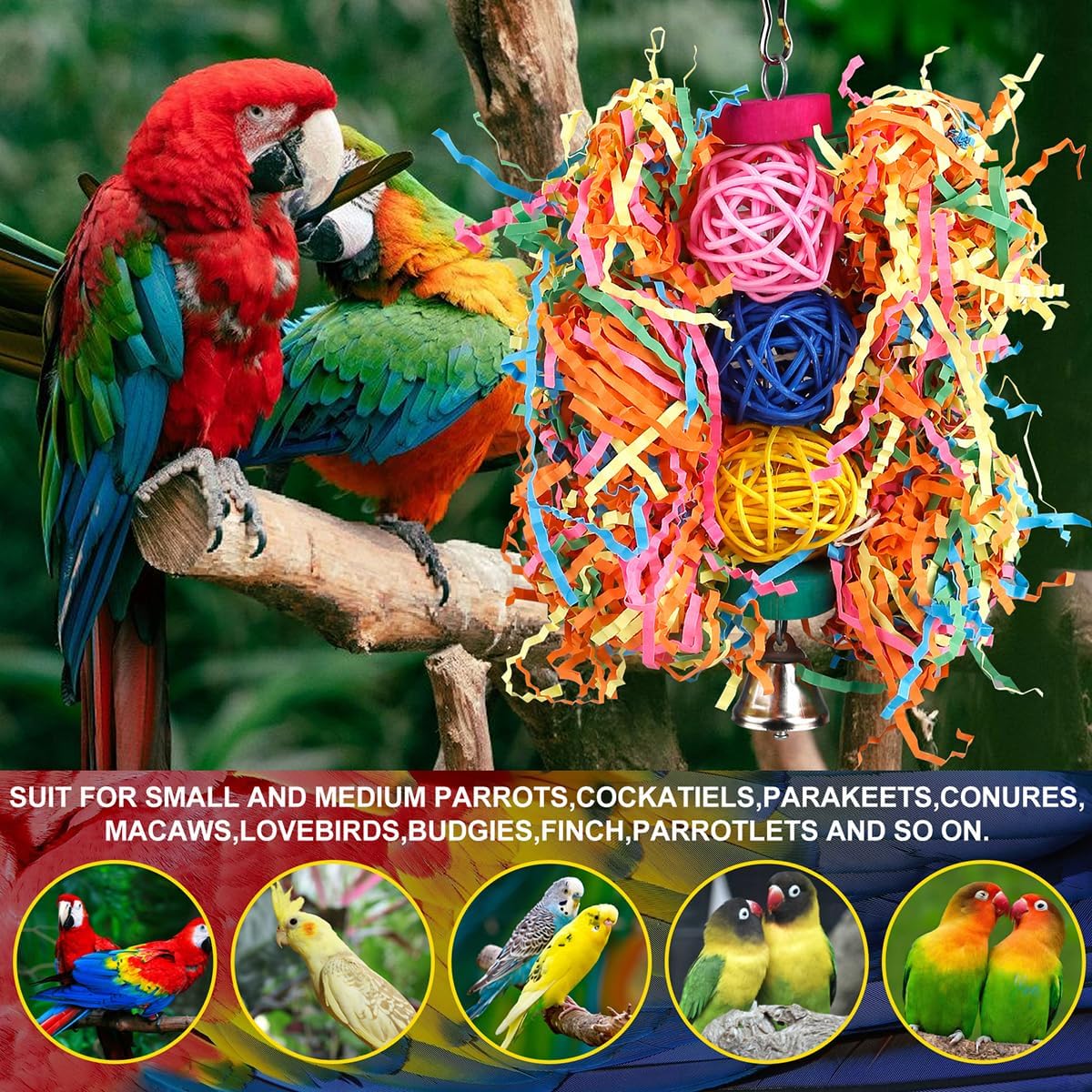 Bird Toys Rope Perch with Bell Colorful Bird Chewing Shredding Foraging Toys Parrot Swing Climbing