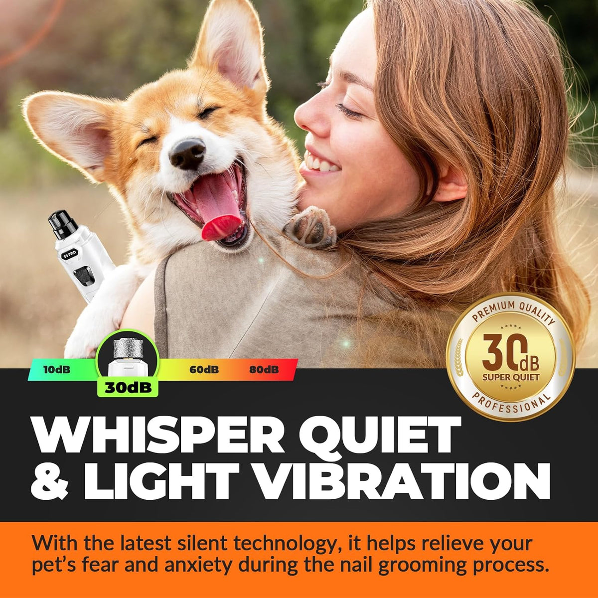 Dog Nail Grinder with 2 LED Lights Powerful 2 Speeds Super Quiet Dog Nail Trimmers with 3 Grinding