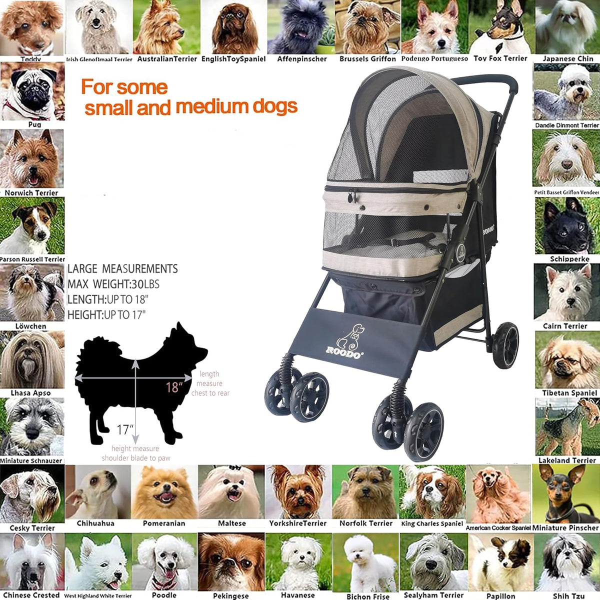 ROODO 4 Wheel Dog Cat Pet Stroller Best Lightweight Foldable Compact Portable Jogger All Terrain