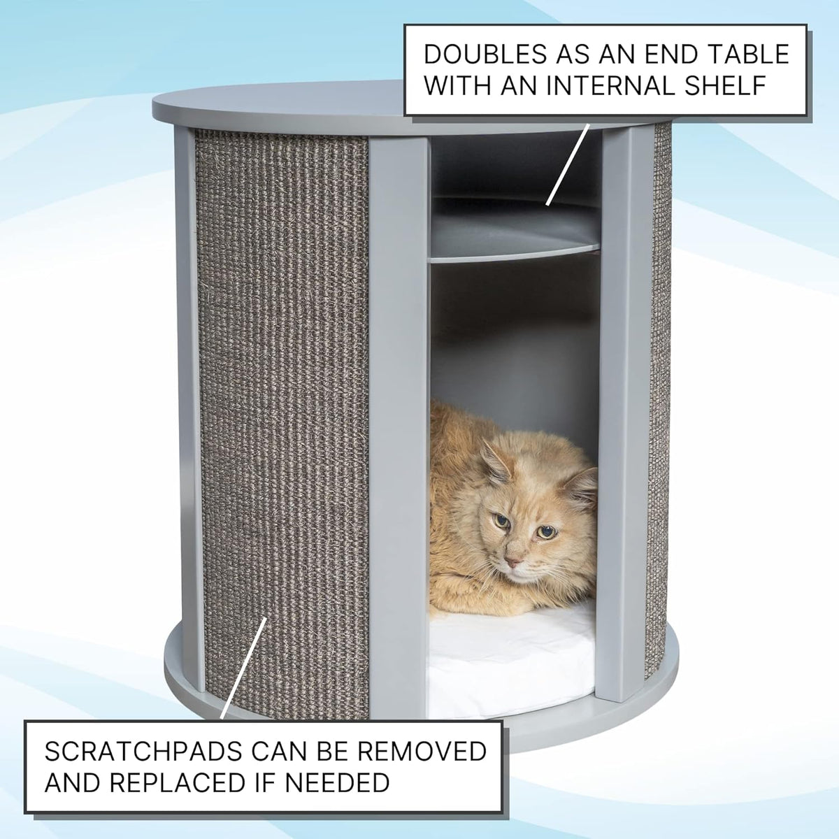 THE REFINED FELINE Purrrrfect End Table Cat Bed Cave in Smoke Gray, Multipurpose Wood Cat Furniture