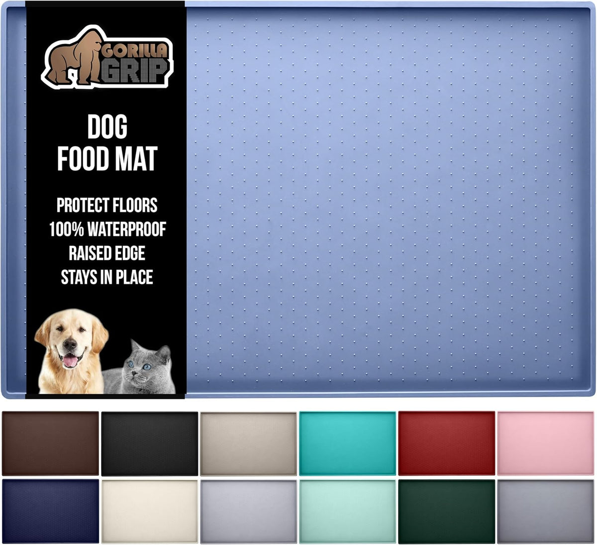 GORILLA GRIP 100% Waterproof Raised Edge BPA Free Silicone Pet Feeding Mat, Dog Cat Food Mats