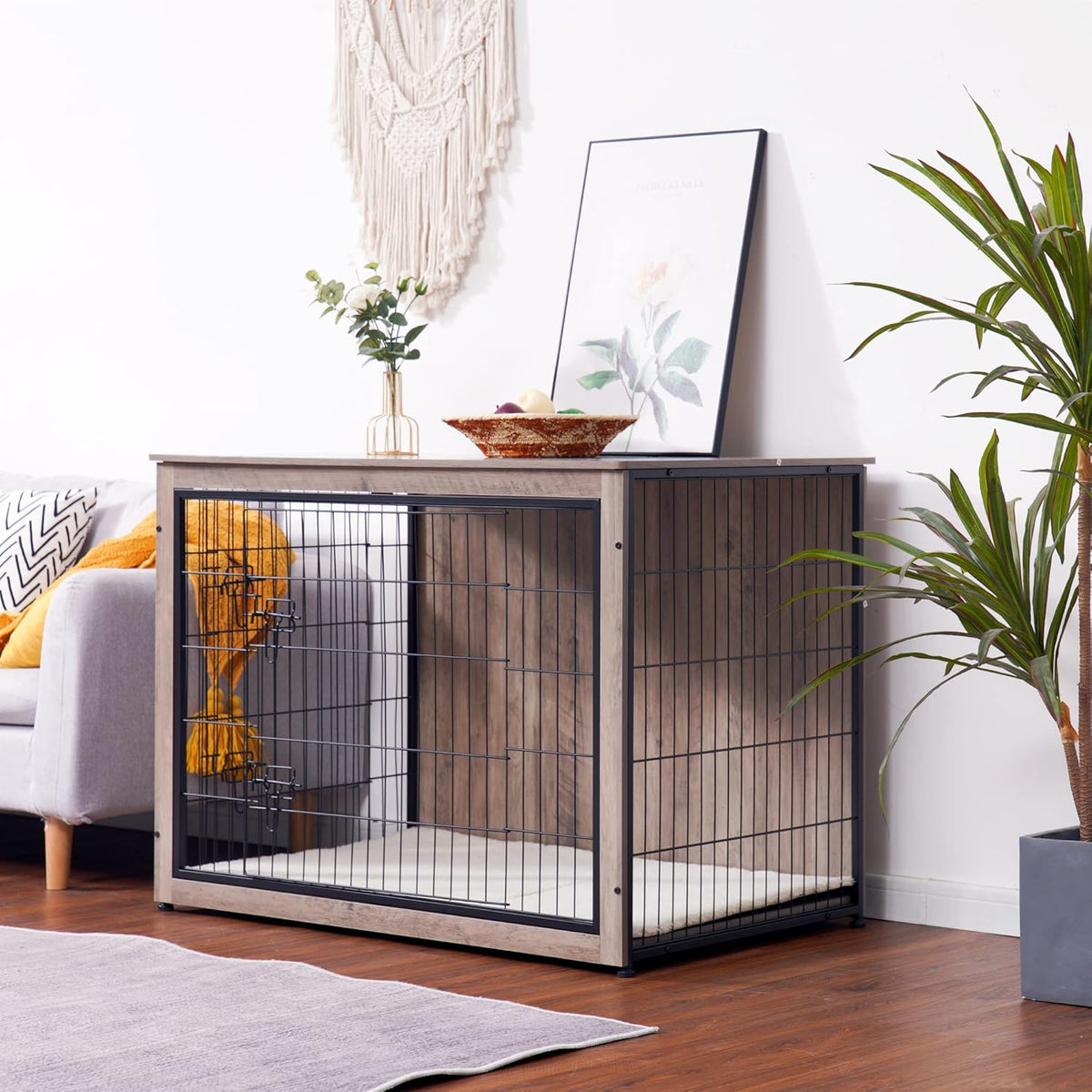 DWANTON Dog Crate Furniture with Cushion, Wooden Kennel Table with Double Doors, Indoor Dog House