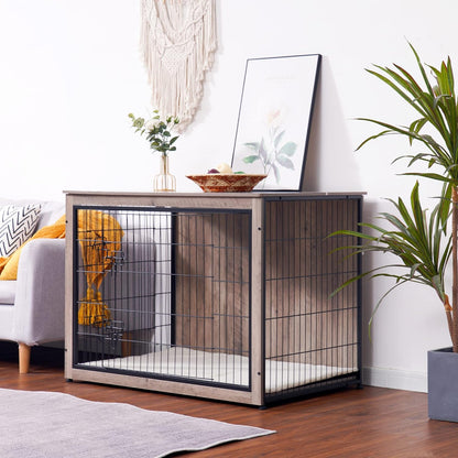 DWANTON Dog Crate Furniture with Cushion, Wooden Kennel Table with Double Doors, Indoor Dog House