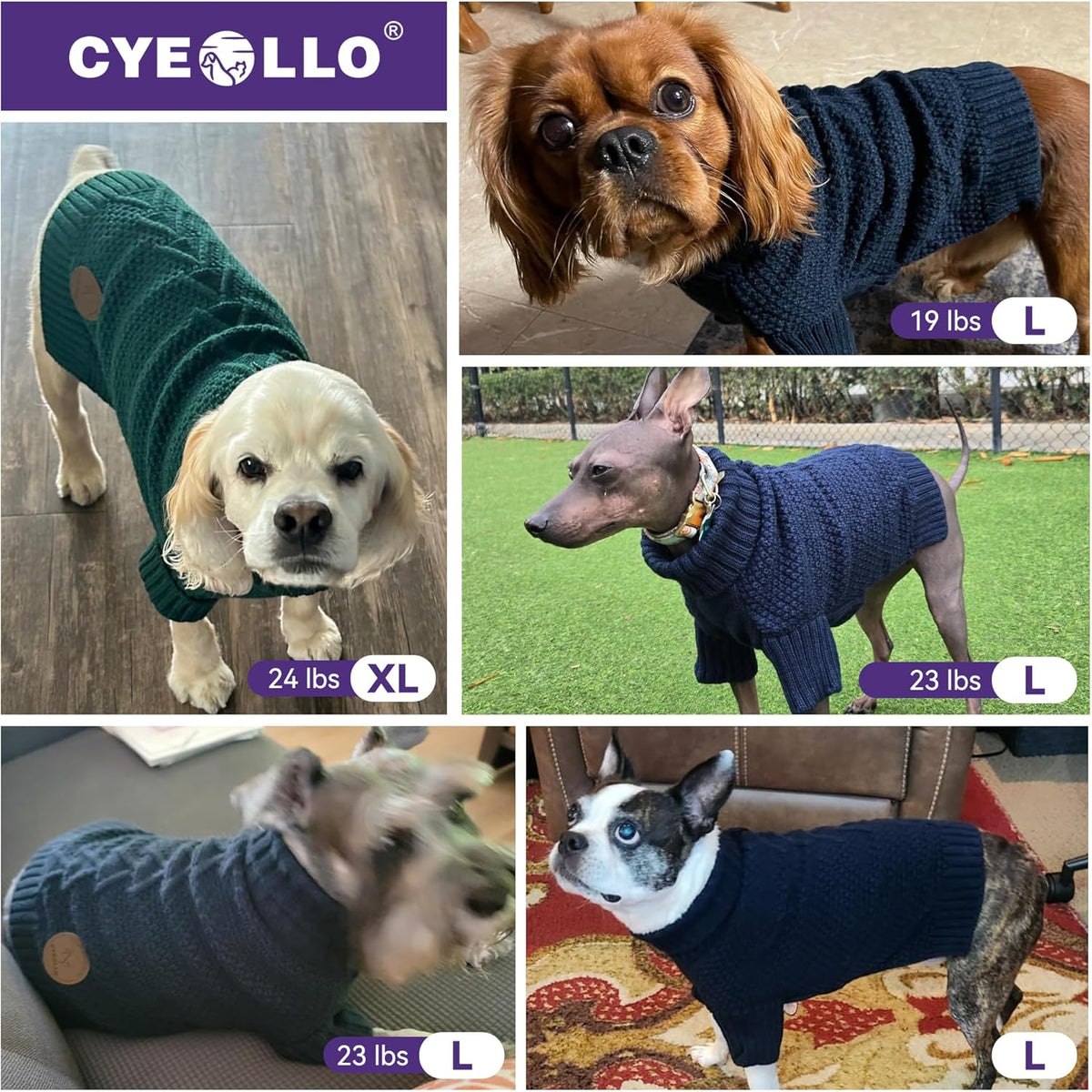 cyeollo Dog Sweater Pullover Turtleneck for Dogs, Classic Knitwear Fall Winter Cold Weather Pet