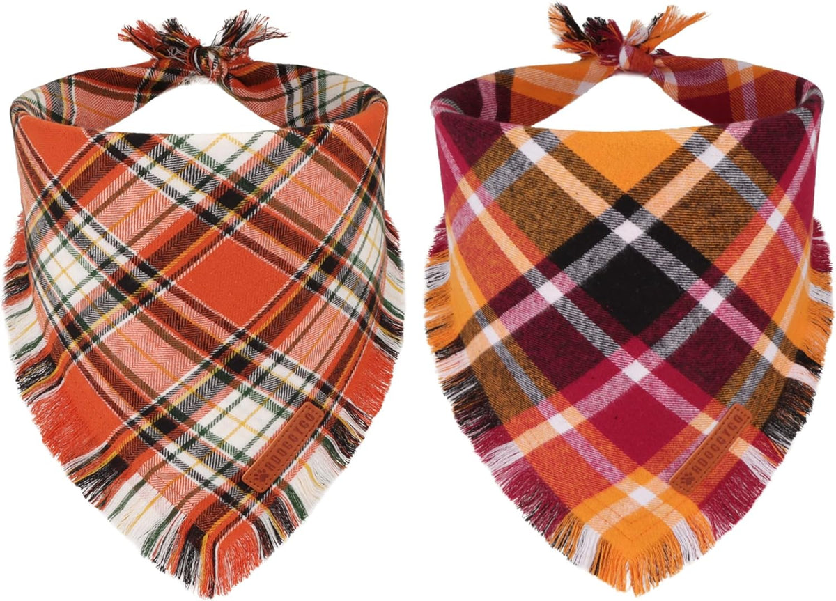 ADOGGYGO Fall Dog Bandana with Tassels Edges, Stylish Orange Plaid Pet Scarf, Multiple Size