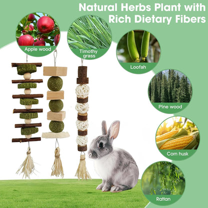 WDEFUN 3 PCS Bunny Chew Toys, Natural Hanging Rabbit Chew Toy Treats for Guinea Pigs Hamsters
