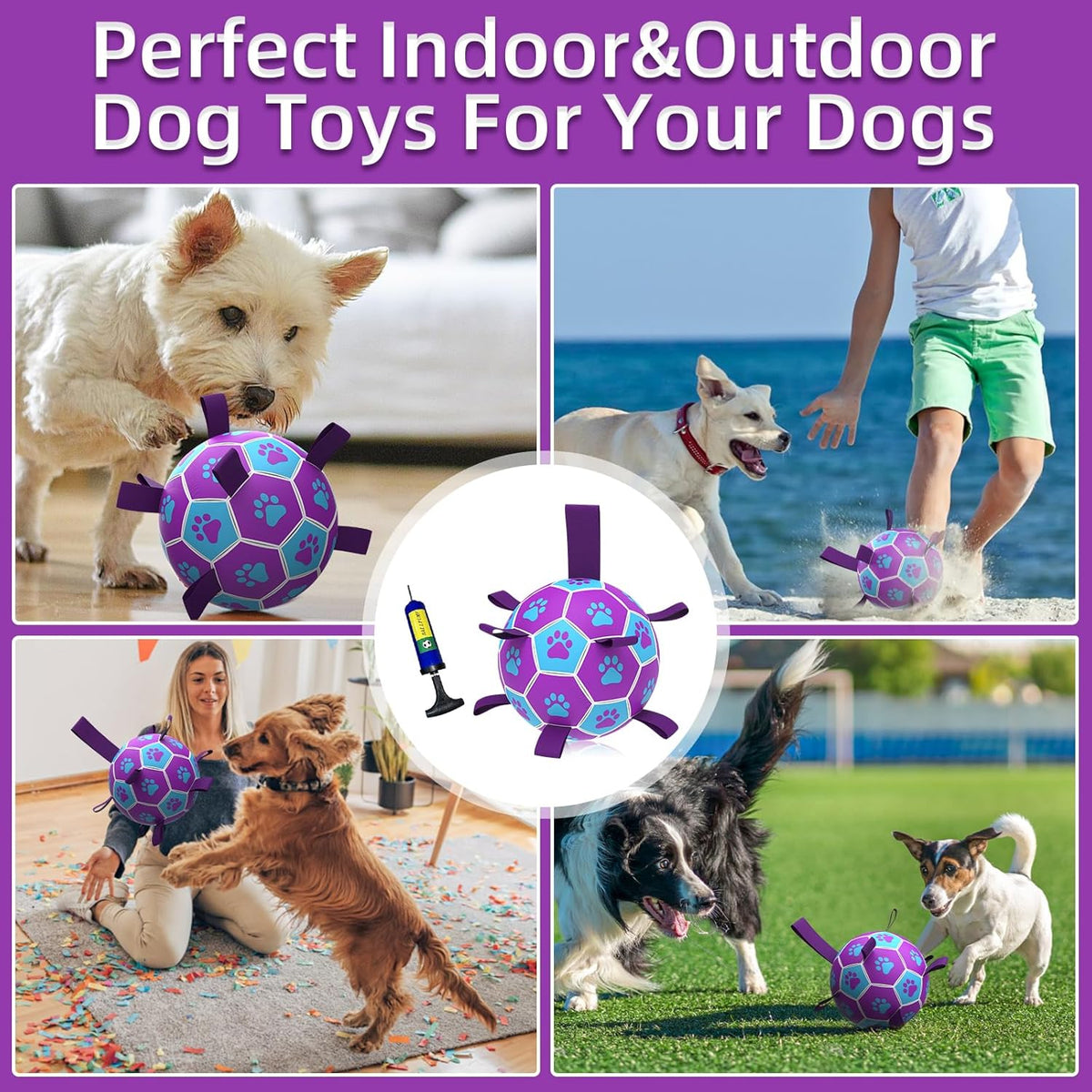 QDAN Dog Ropes Toys Soccer Ball with Straps, Puppy Birthday Gifts, Tug of Toy, Water Toy, Durable