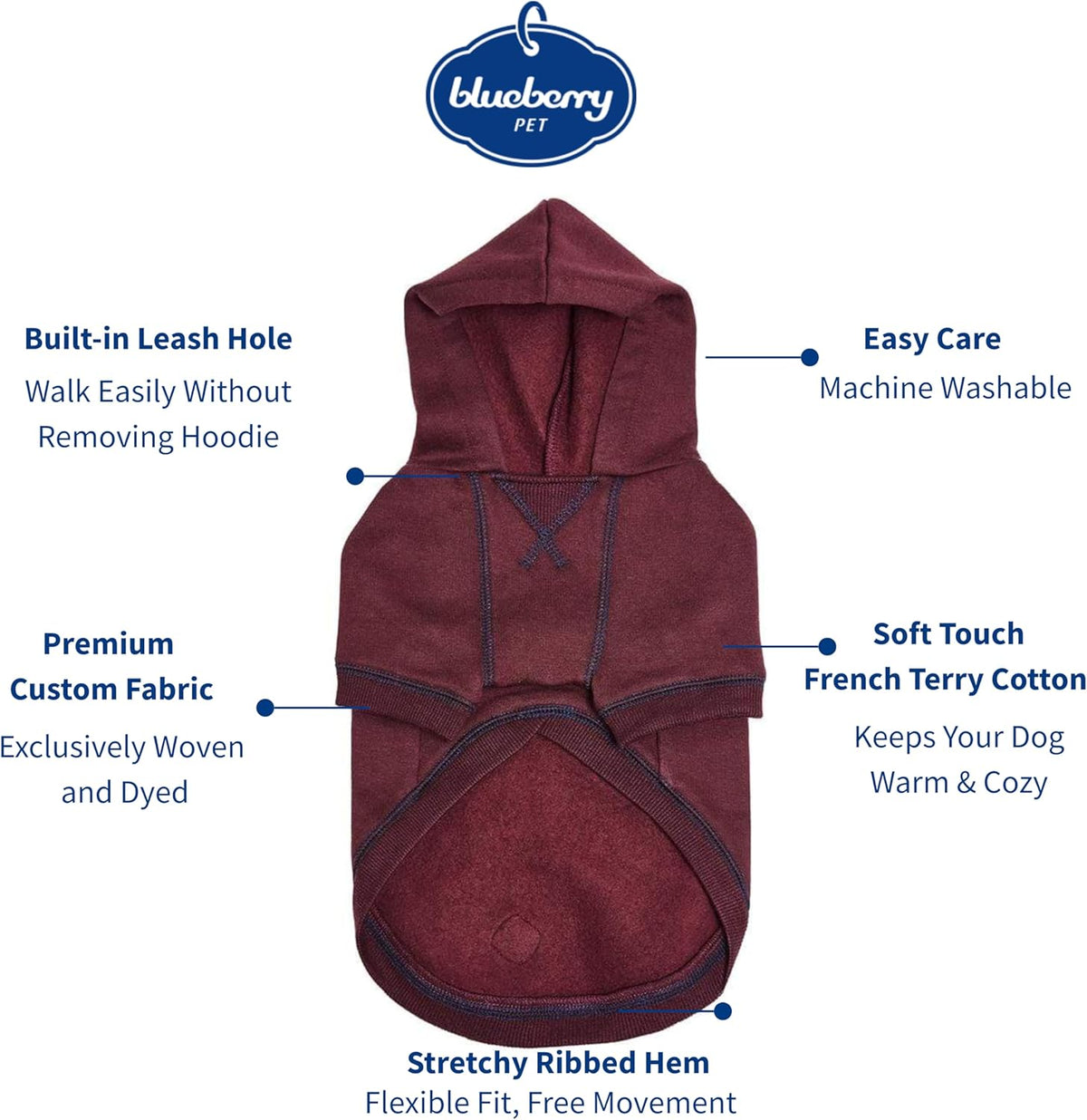 Blueberry Pet Essentials Hoodie – 26″ Cotton‑Blend Sweatshirt with Hood, Burgundy Red