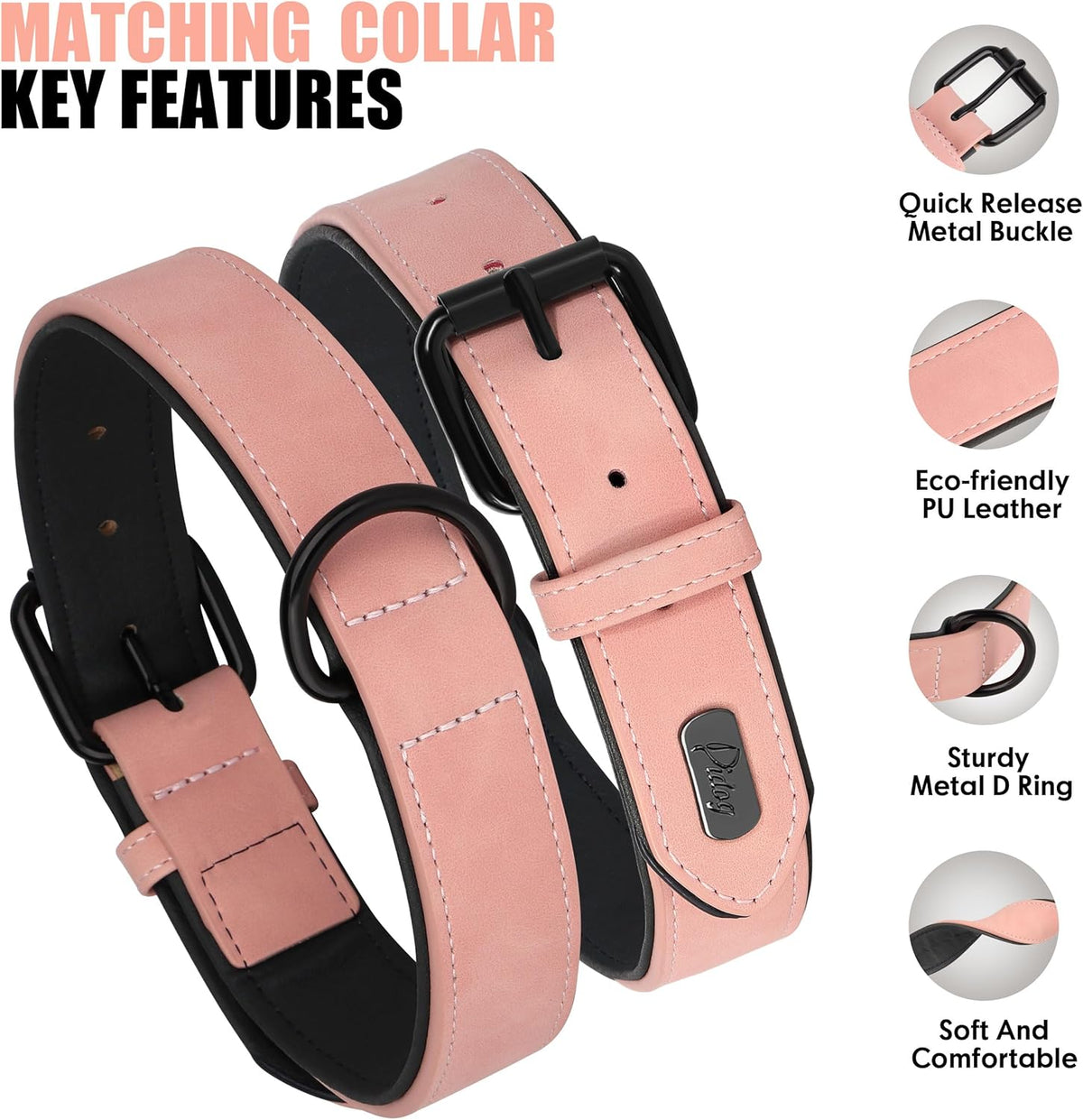 Didog Soft Padded Leather Dog Collar and Leash Set, Pink Breathable Pet Collars with 4FT PU Leather