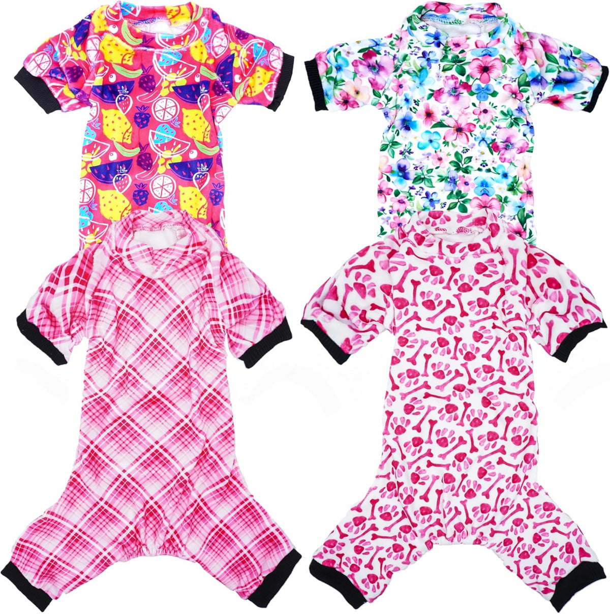 PET SHOW 4 Pack Small Dog Pajamas Cute Paw Bone Clothes for Medium Dogs Soft Stretchy PJs Plaid