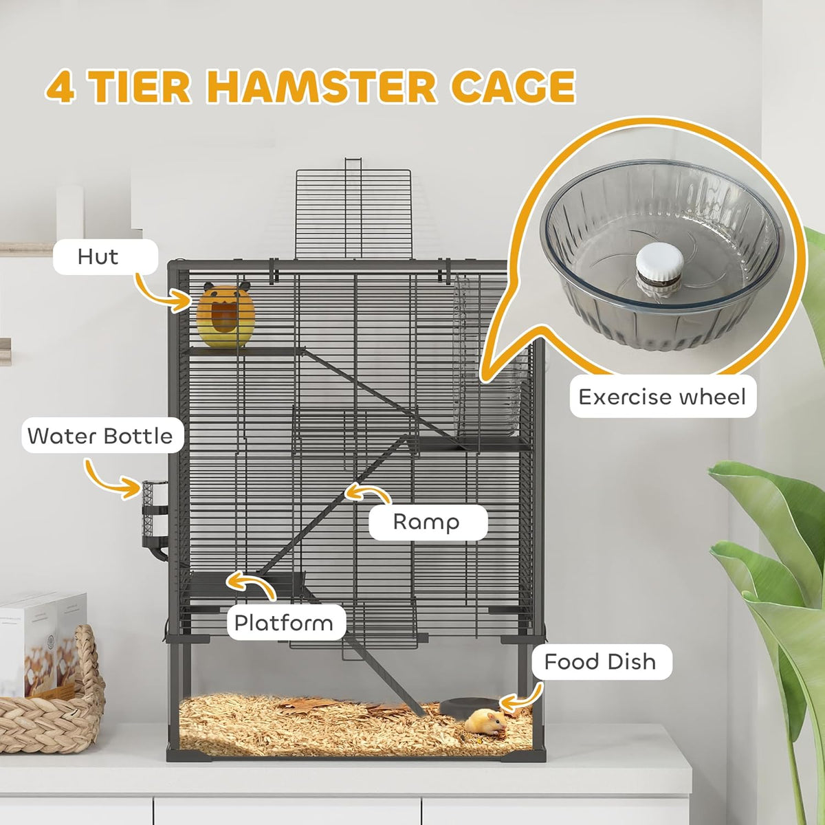 PawHut Large Hamster Cage with Deep Tempered Glass Bottom, 4 Tiers Hamster Tank with Running Wheel