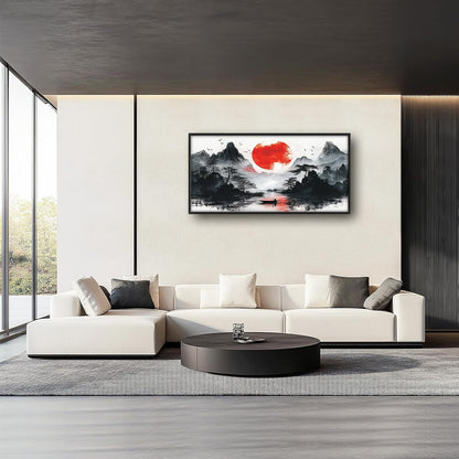 Framed Large Japanese Mountain Wall Art for Living Room, Oversized Asian Red Sun Lake Landscape