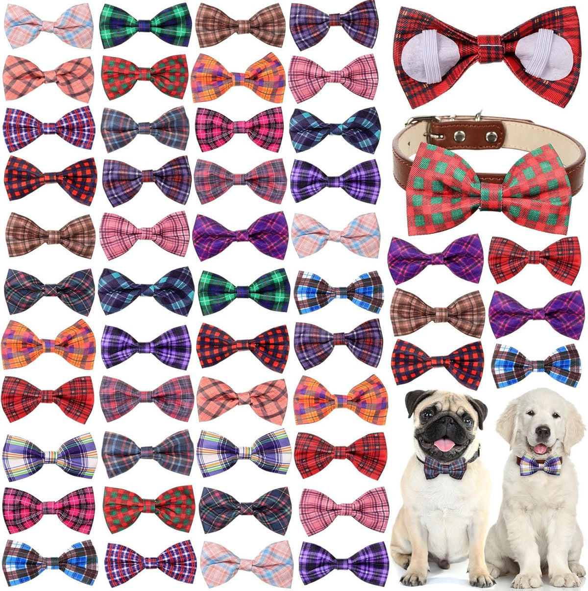 Reginary 50 Pieces Dog Bow Ties Pet Collar Bow Puppy Collar Attachment with Rubber Bands for Small