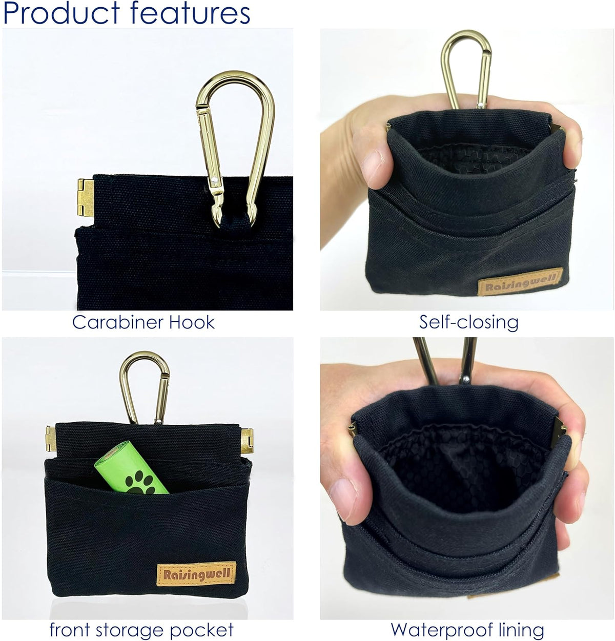Dog Treat Pouch, Black Pocket Sized Pet Training Pouch, Cotton Fabric, Hand Free Dog Walking Bag