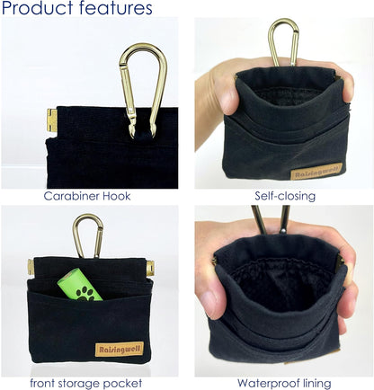 Dog Treat Pouch, Black Pocket Sized Pet Training Pouch, Cotton Fabric, Hand Free Dog Walking Bag