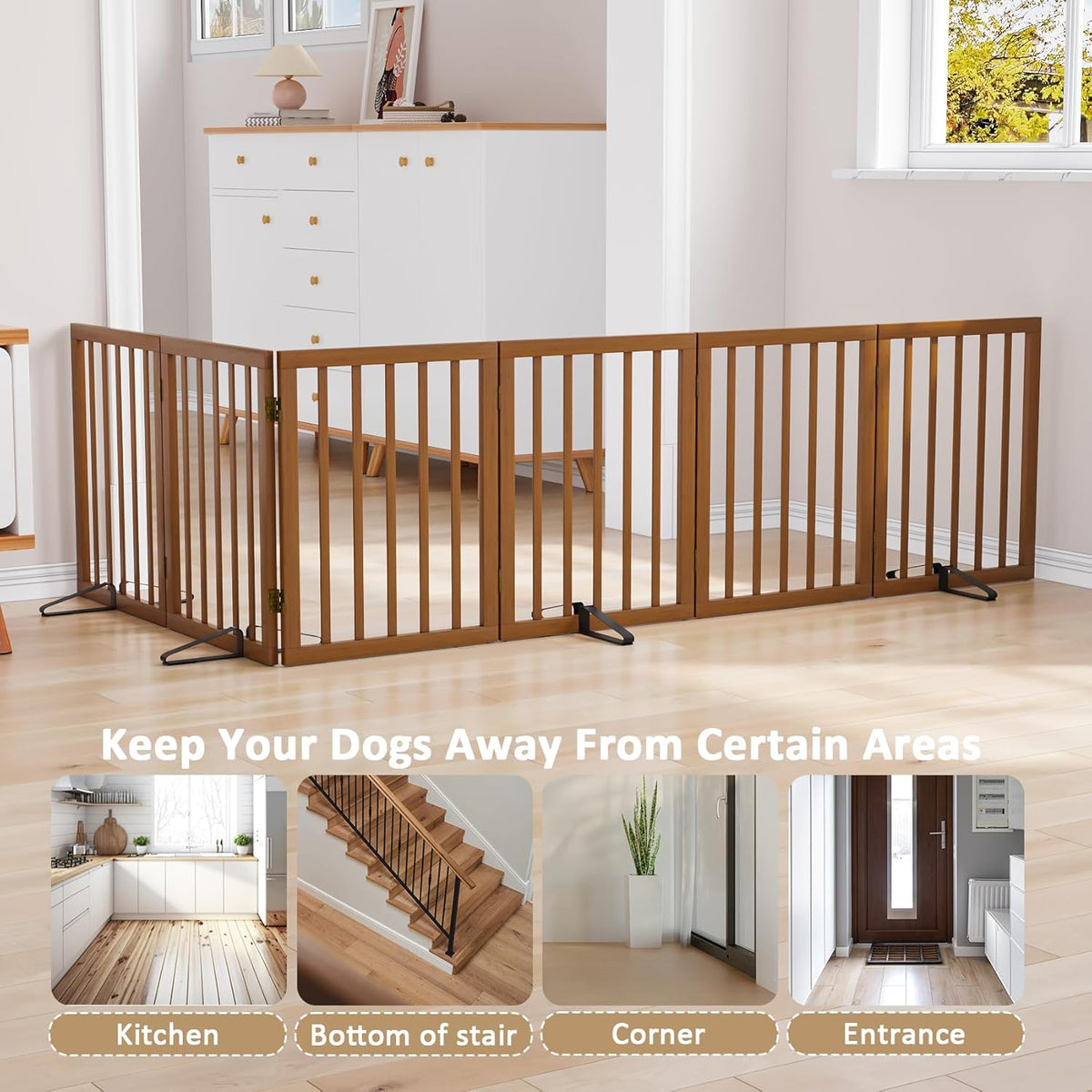 Freestanding Pet Gate Foldable Dog Gate (110 inches Wide) Walnut Bamboo Dog Gates for Stair