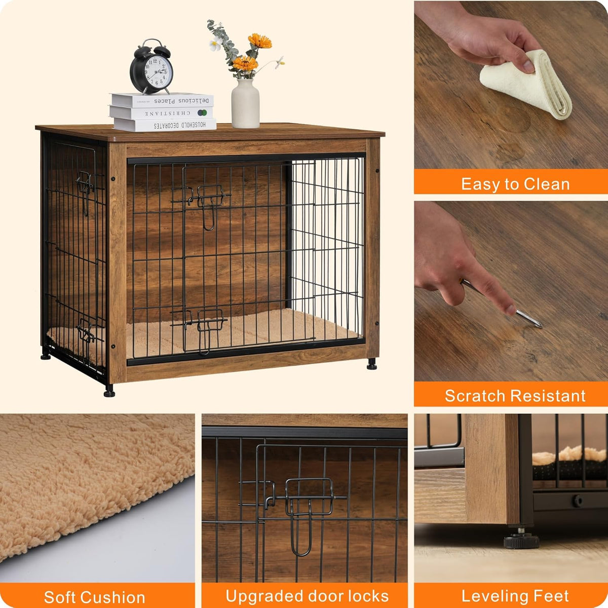 DWANTON Dog Crate Furniture with Cushion, Wooden Kennel Table with Double Doors, Indoor Dog House