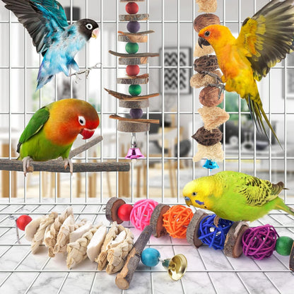 Bissap Bird Chew Toys, 5 Packs Parakeet Natural Wood Toys Parrot Hanging Cage Toy Bird Perch Stand