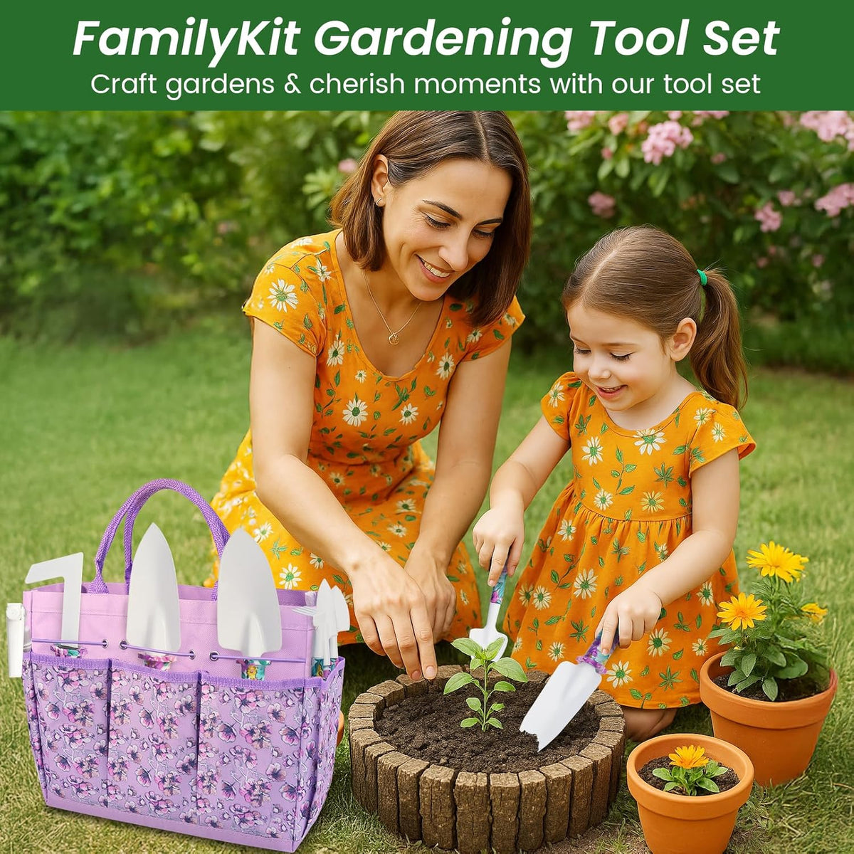 Gardening Tool Set 10-Piece, Heavy Duty Garden Tool Set with Purple Floral Tote Bag and Gift Box