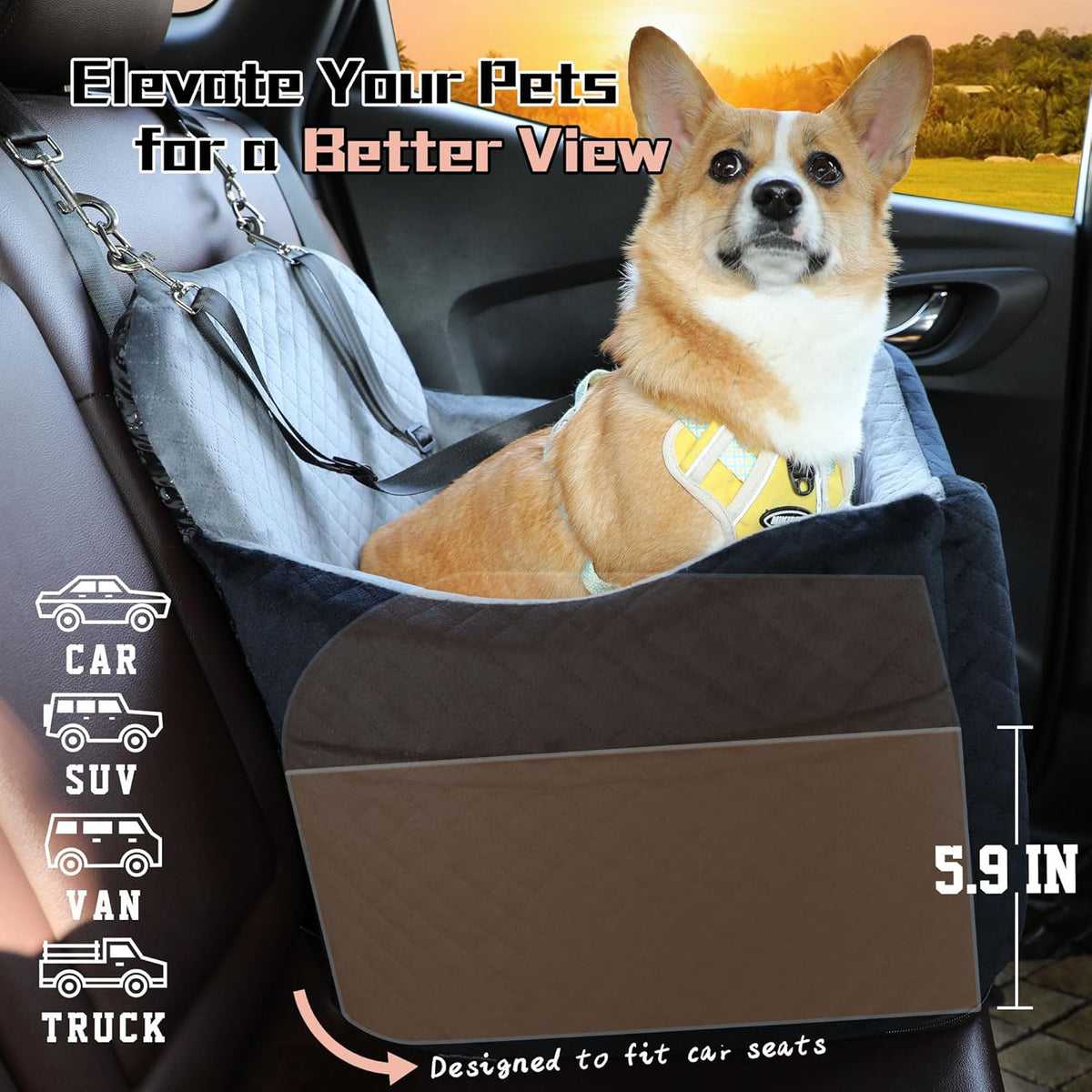 Dog Booster Car Seat for Dogs under 35lbs,Elevated Pets Seat with Safety Strap,Ultra Soft Fabric