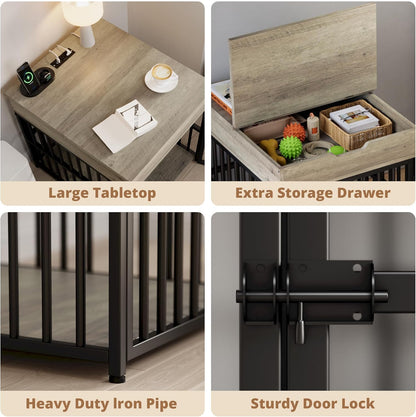 IRONCK Dog Crate Furniture for Small Dogs, Wooden Dog Kennel with Flip Top Drawer, Indoor Pet Crate