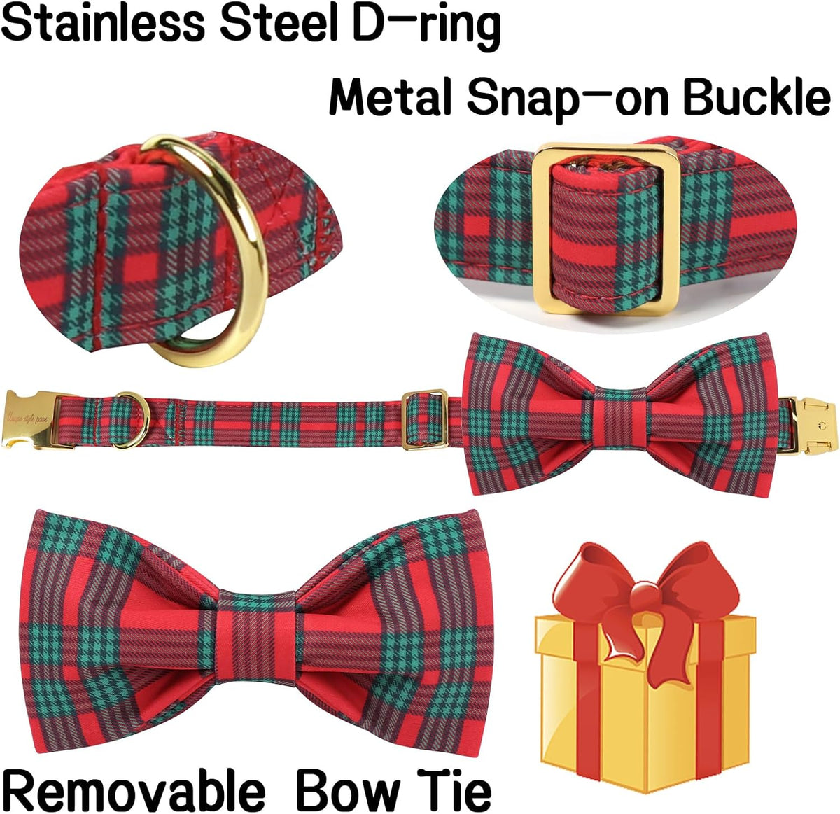 Unique Style Paws Christmas Dog Collar with Bow Red Green Plaid Cotton Puppy Collars for Small