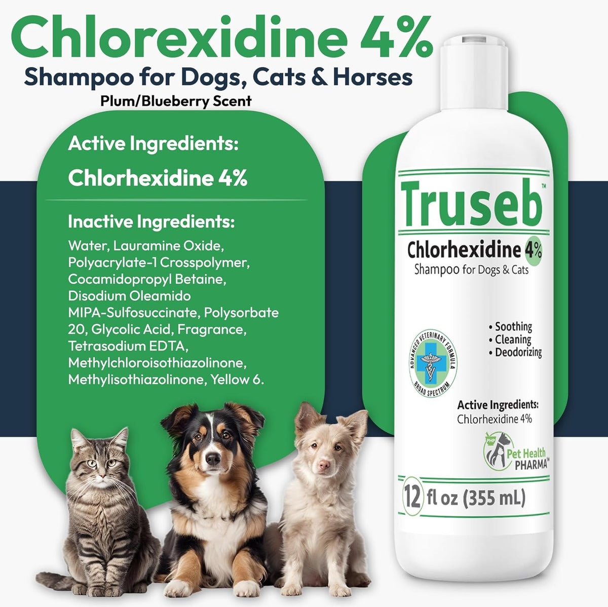 Truseb Topical Chlorhexidine 4% Shampoo for Dogs, Cats & Horses (12 oz)- with Aloe for Cleansing