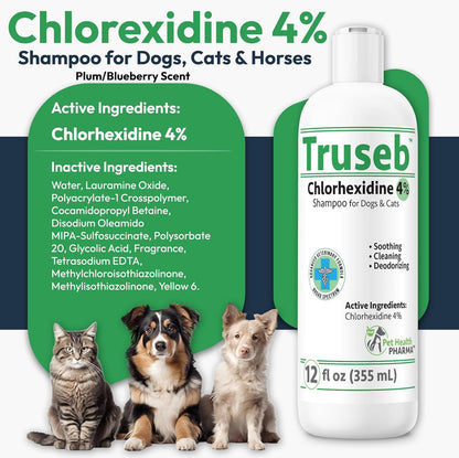 Truseb Topical Chlorhexidine 4% Shampoo for Dogs, Cats & Horses (12 oz)- with Aloe for Cleansing
