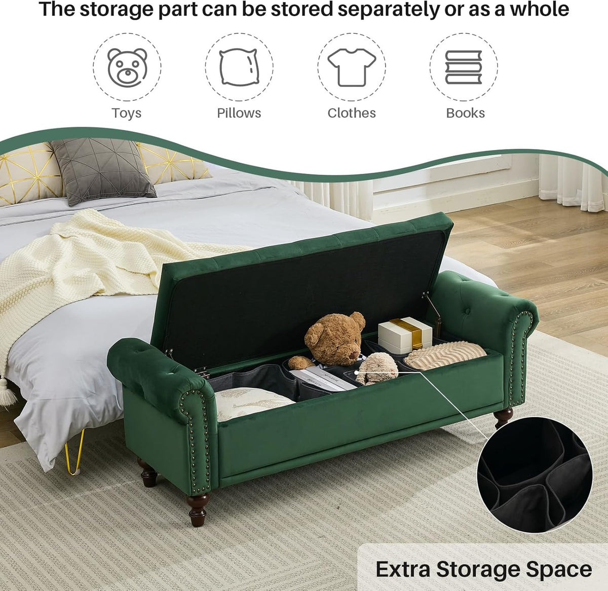 58.1'' Storage Bench Upholstered Velvet End of Bedroom Bed Bench Ottoman with Tufted Cushioned