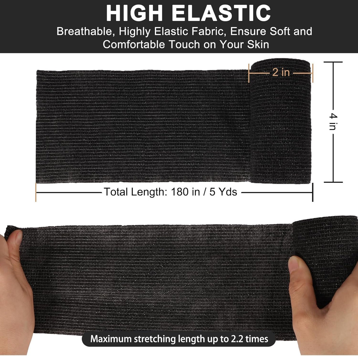 24 Pack Self Adhesive Bandage Wrap, 4” x 5 Yards Cohesive Medical Tape Elastic Grip Tape Black