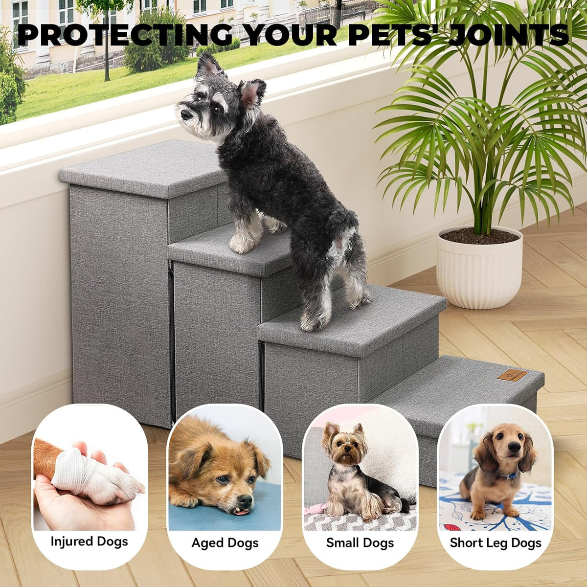 Dog Stairs with Storage 23" H, 4-Step Wider Dog Steps for High Beds Window, Folding Sturdy Pet