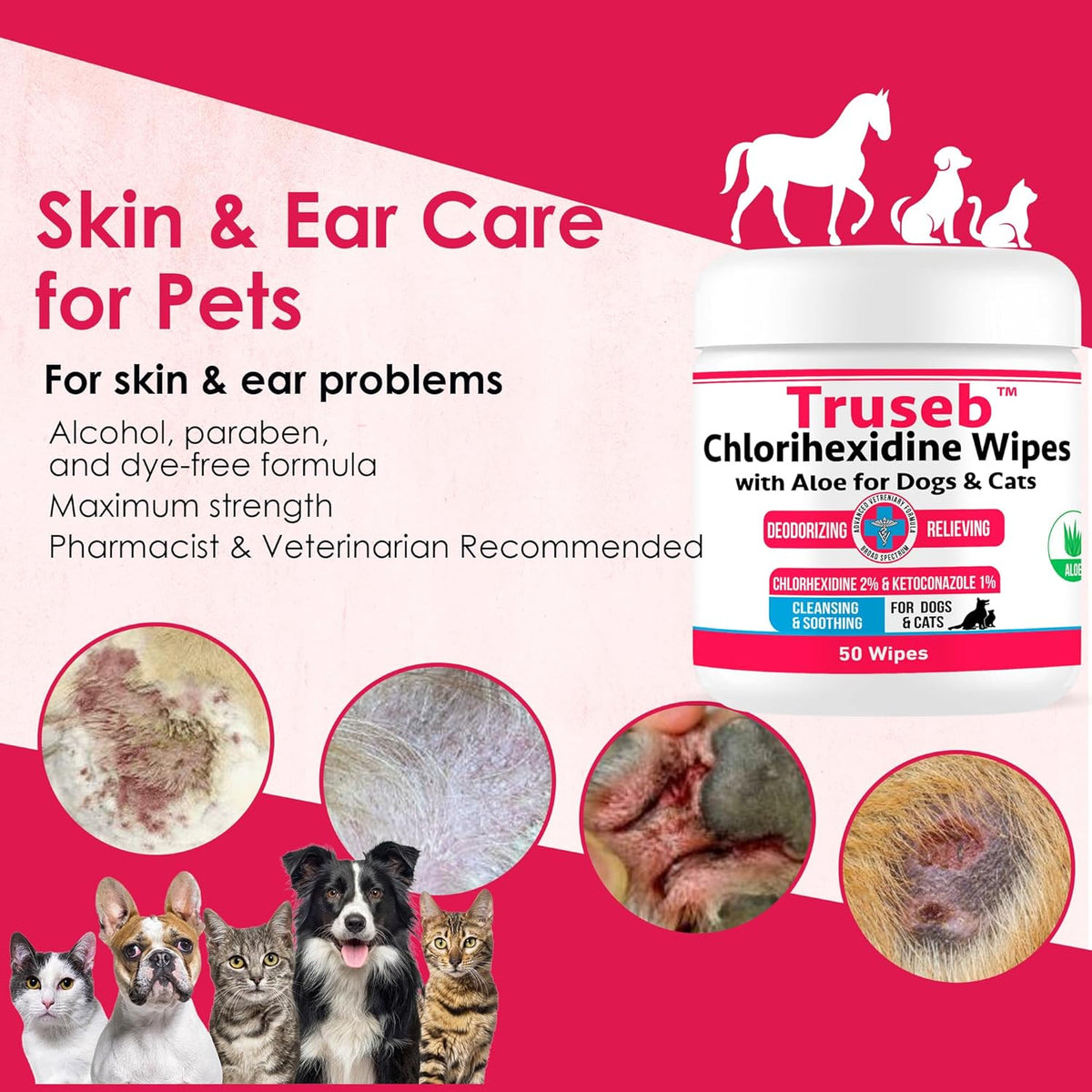 Truseb Topical Ketoconazole and Chlorhexidine Wipes for Dogs, Cats and Horses - with Aloe for