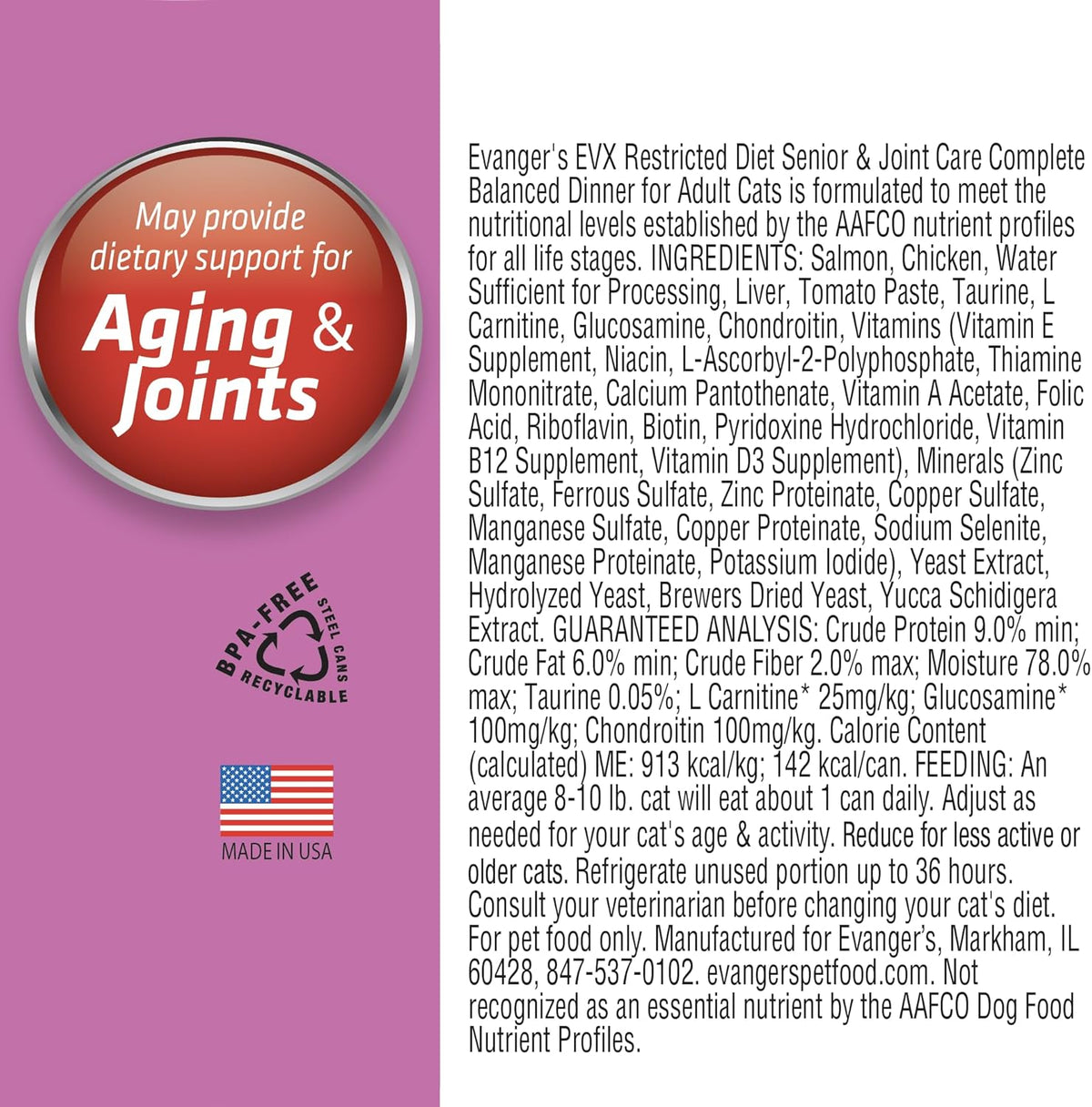 Evanger’s EVX Restricted Diet Senior and Joint Health Canned Cat Food – 24 Count, 5.5 oz Cans Each