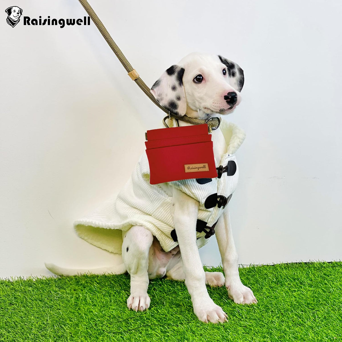 Dog Treat Pouch, Red Pocket Sized Pet Training Pouch, Cotton Fabric, Hand Free Dog Walking Bag with