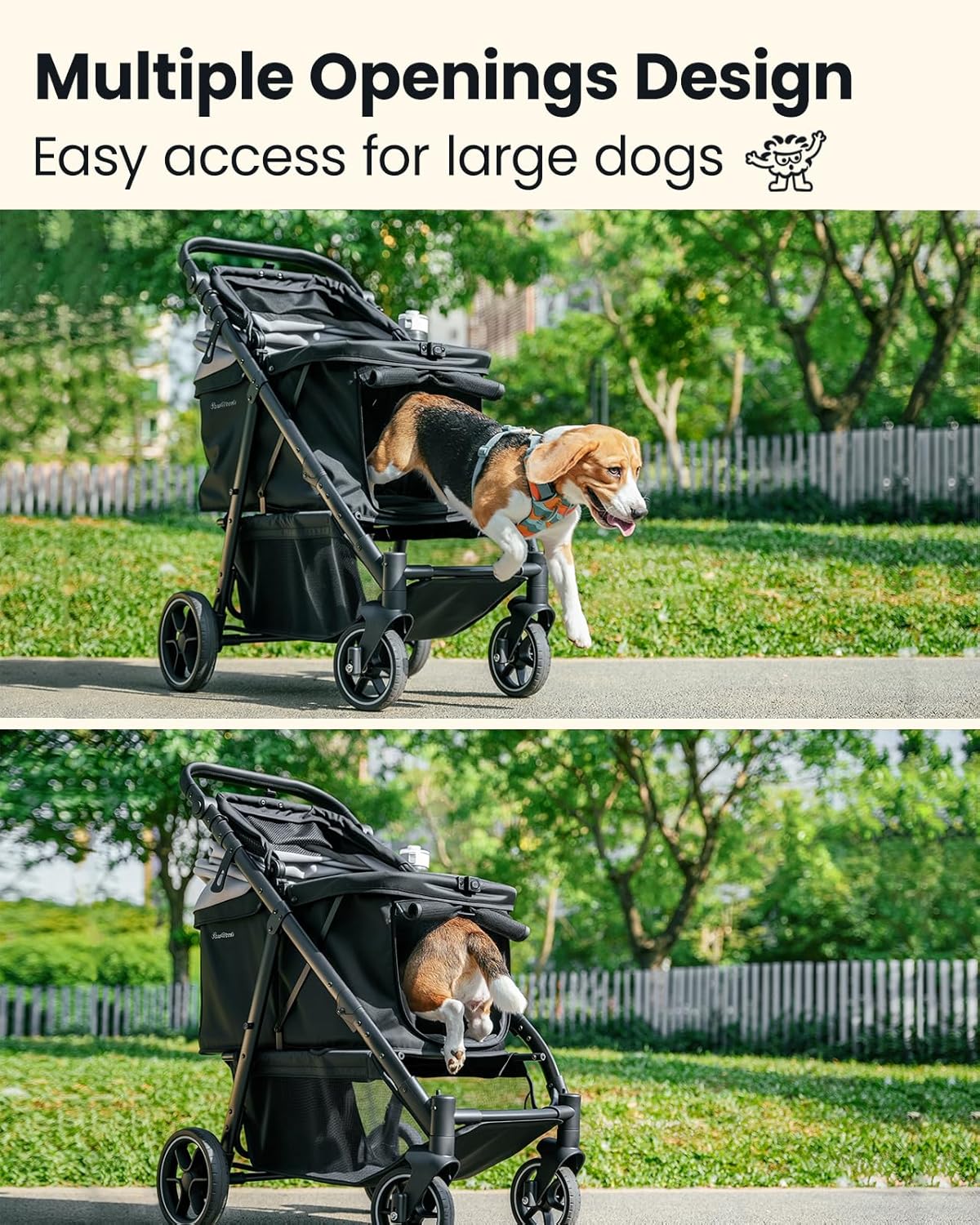 Medium Dog Stroller, Foldable Pet Stroller with Adjustable Handle & No Zip Entry, Storage Basket &