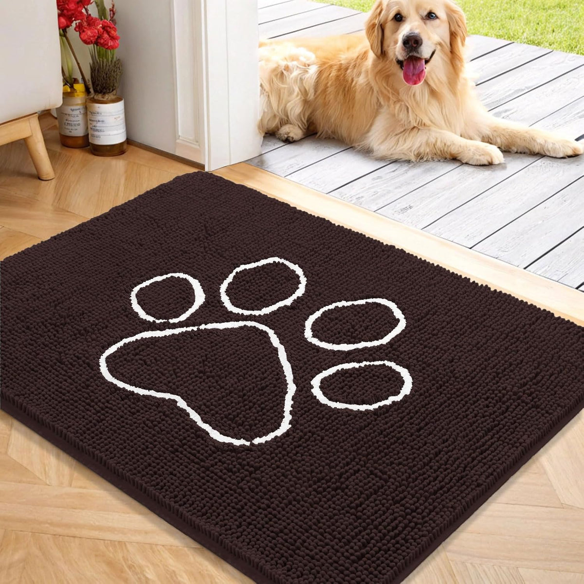 OLANLY Door Mat for Muddy Dog Paws 40x32, Ultra Absorbent Chenille Mud Doormat with Paw Print
