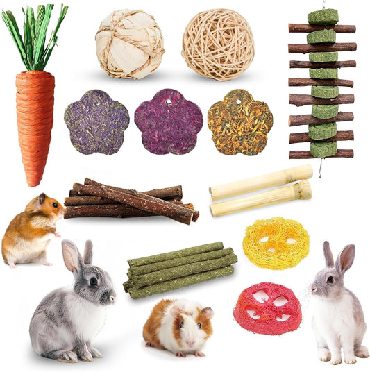 WDEFUN 21-Piece Natural Small Pet Chew Toys Set for Rabbits, Hamsters & Organic Grass Mat, Hay