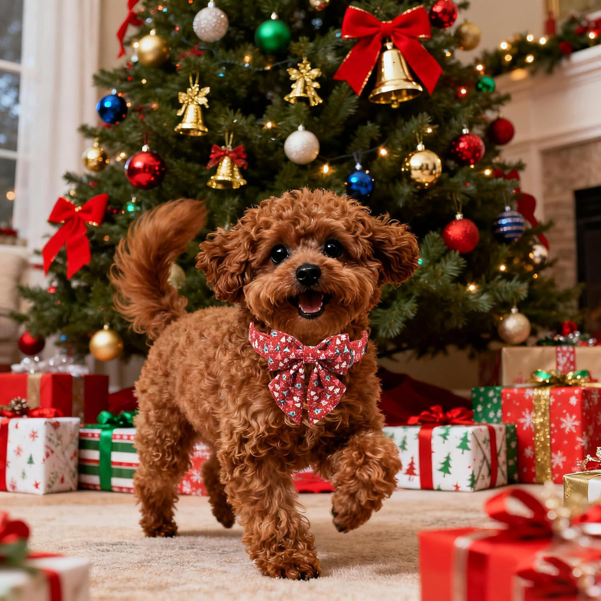 Lionet Paws Christmas Dog Collar with Sailor Bow, Cute Christmas Tree Red Dog Collar Bow Tie for
