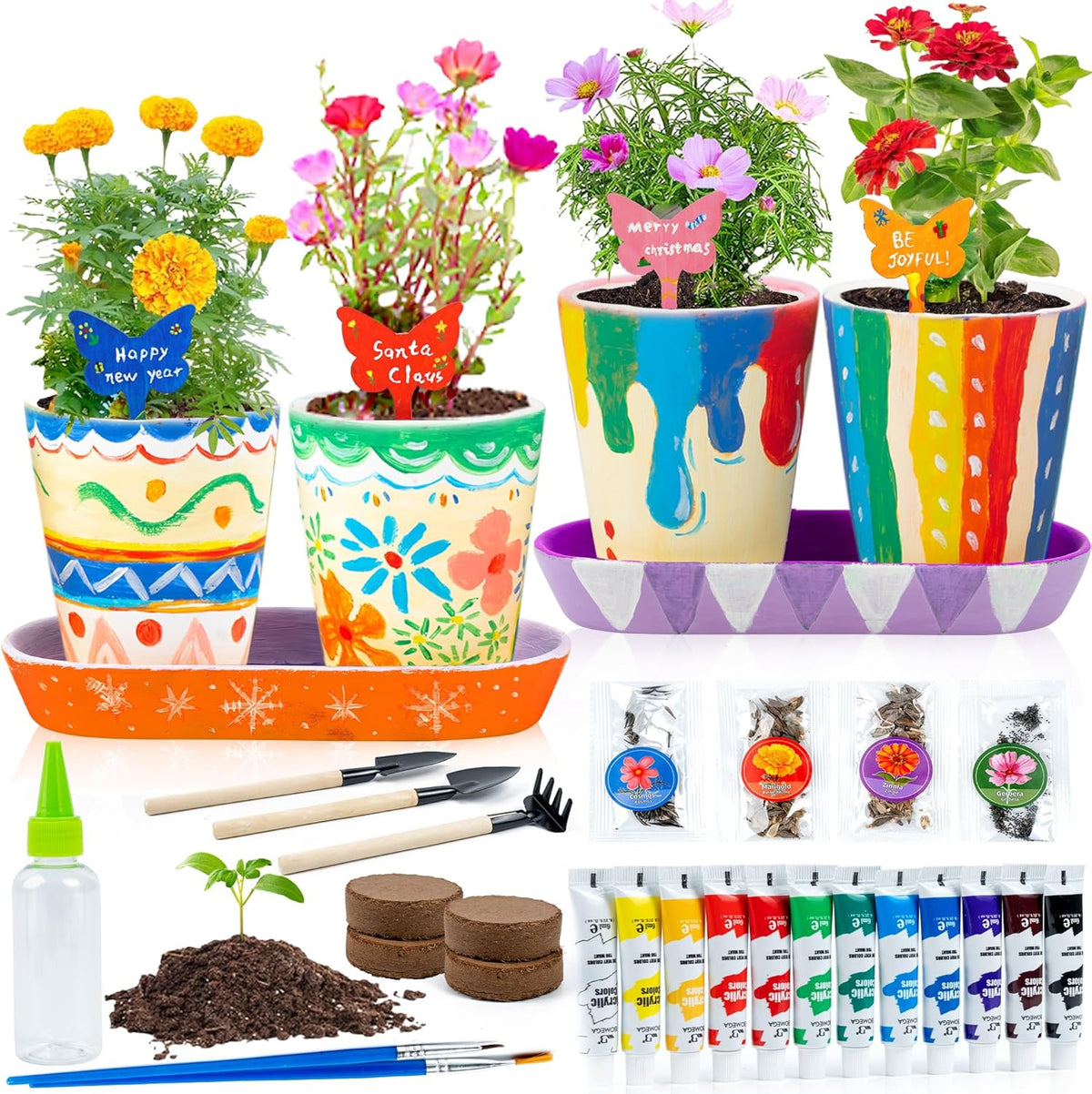 RGBDOT Kids Gardening Set Paint and Plant Stoneware Flower Gardening Kit with 4 Pots Arts and