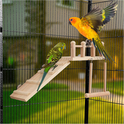 Bird Perches Platform Swing with Climbing Ladder, Parakeet Cage Accessories Wooden Playing Gyms