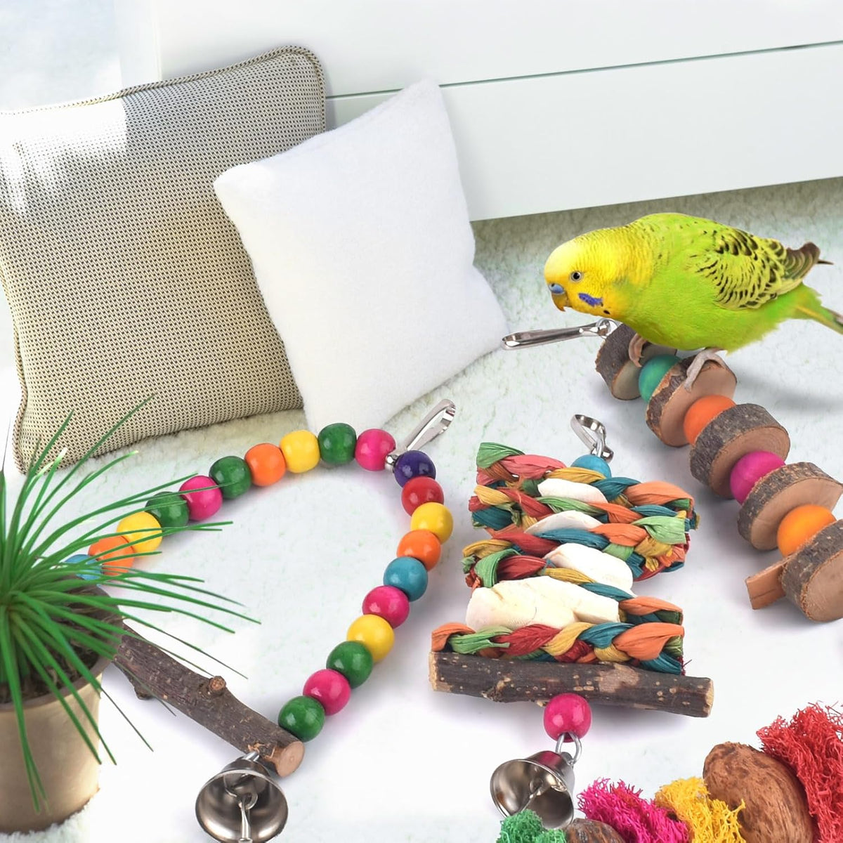 Bissap Bird Chew Toys, 7 Packs Parakeet Natural Wood Toys Parrot Hanging Cage Toy Bird Perch Stand