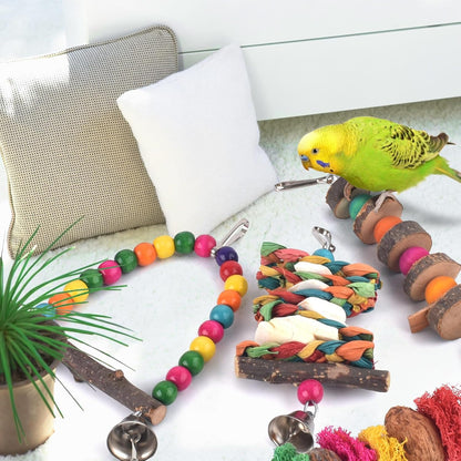 Bissap Bird Chew Toys, 7 Packs Parakeet Natural Wood Toys Parrot Hanging Cage Toy Bird Perch Stand