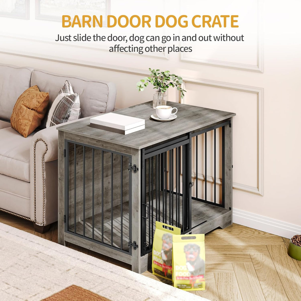 39.4" Heavy Duty Dog Crate Furniture with Barn Door, Wood Indoor Dog Crate Kennel for