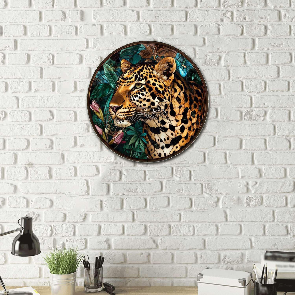 Lygond Metal Sign Tin Sign Circular Stained Glass Leopard Metal Signs Vintage For Restaurant 8×8
