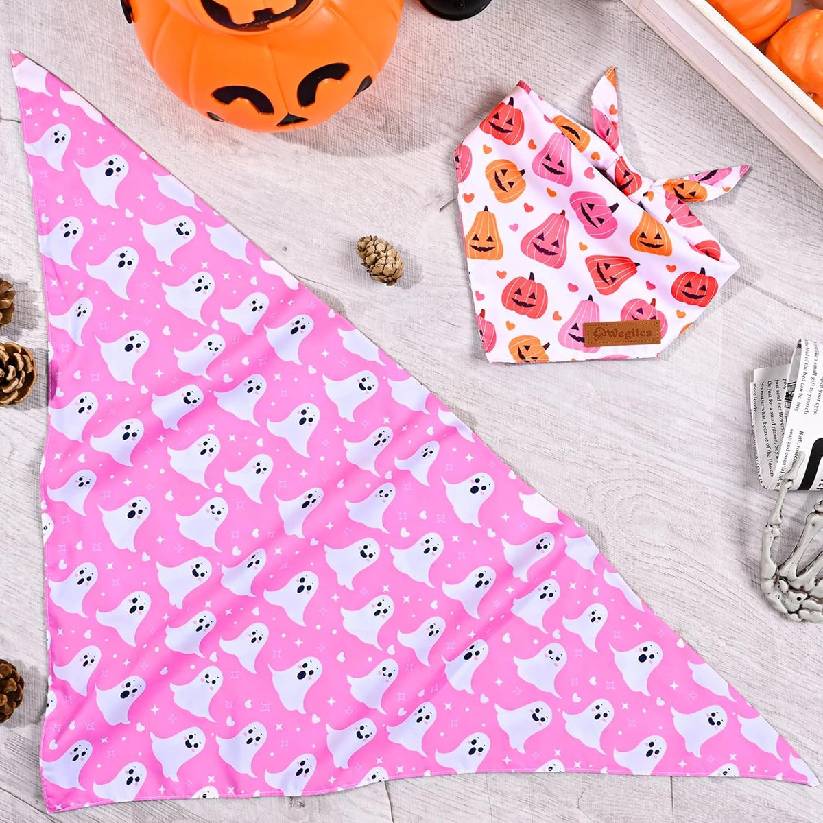 2 Pack Halloween Dog Bandanas,Leather Brand Logo, Double-Layed Soft Skin-Friendly Fabric, Autumn
