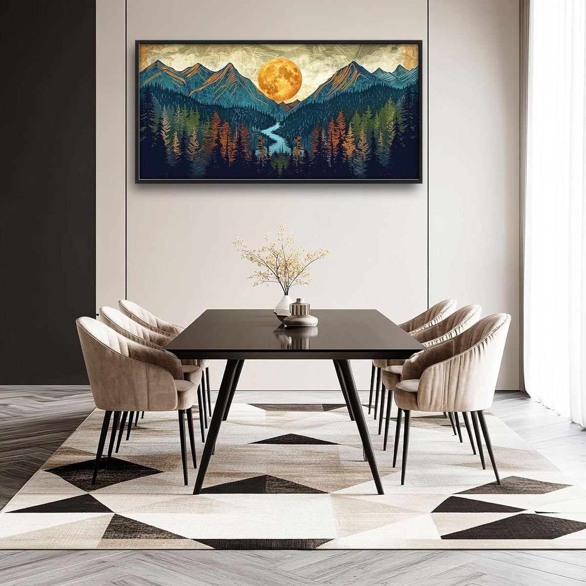 Quorin Boho Mountain Large Wall Art Mountain Landscape Pictures Moon Pine Tree Forest Lake Wall