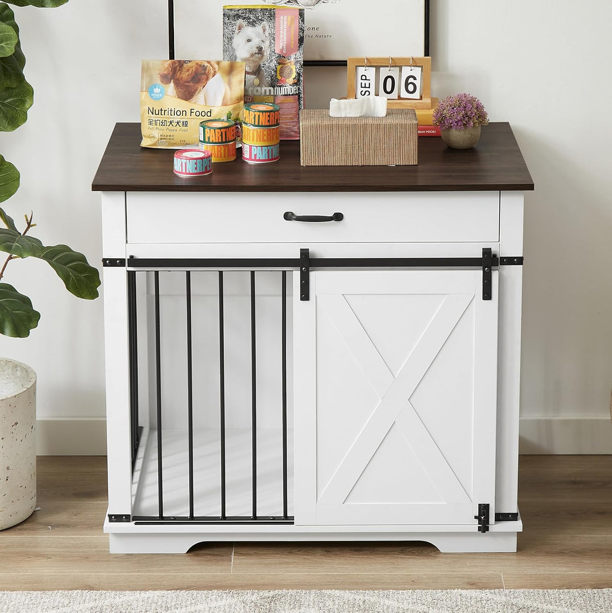 LZUUOB 37.8'' Dog Crate Furniture with Storage Drawer, Decorative Wooden Dog Kennel with Sliding